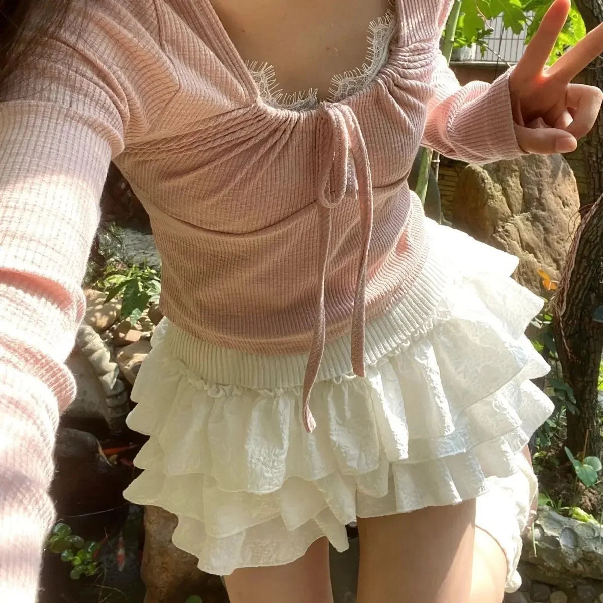 Kawaii Ball Gown Short Skirt Pleated Ruffles Layered High Waist Solid Mini Cake Skirts Lolita Girl Sweet Cute Elastic Waist  Y2K