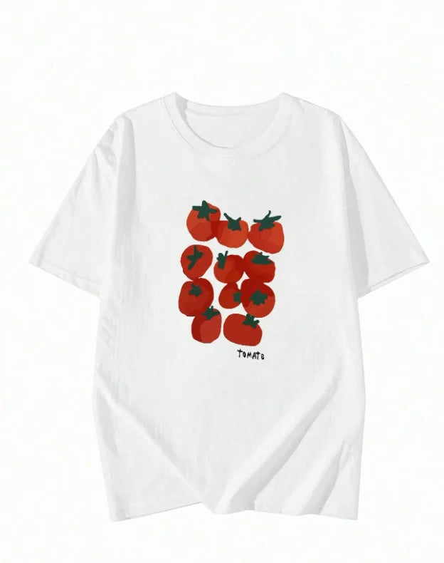 Cute Tomato Print Short Sleeve T-shirt Versatile Minimalist Crew Neck Tee Casual Korean Style Food Graphic Top for Women Girl