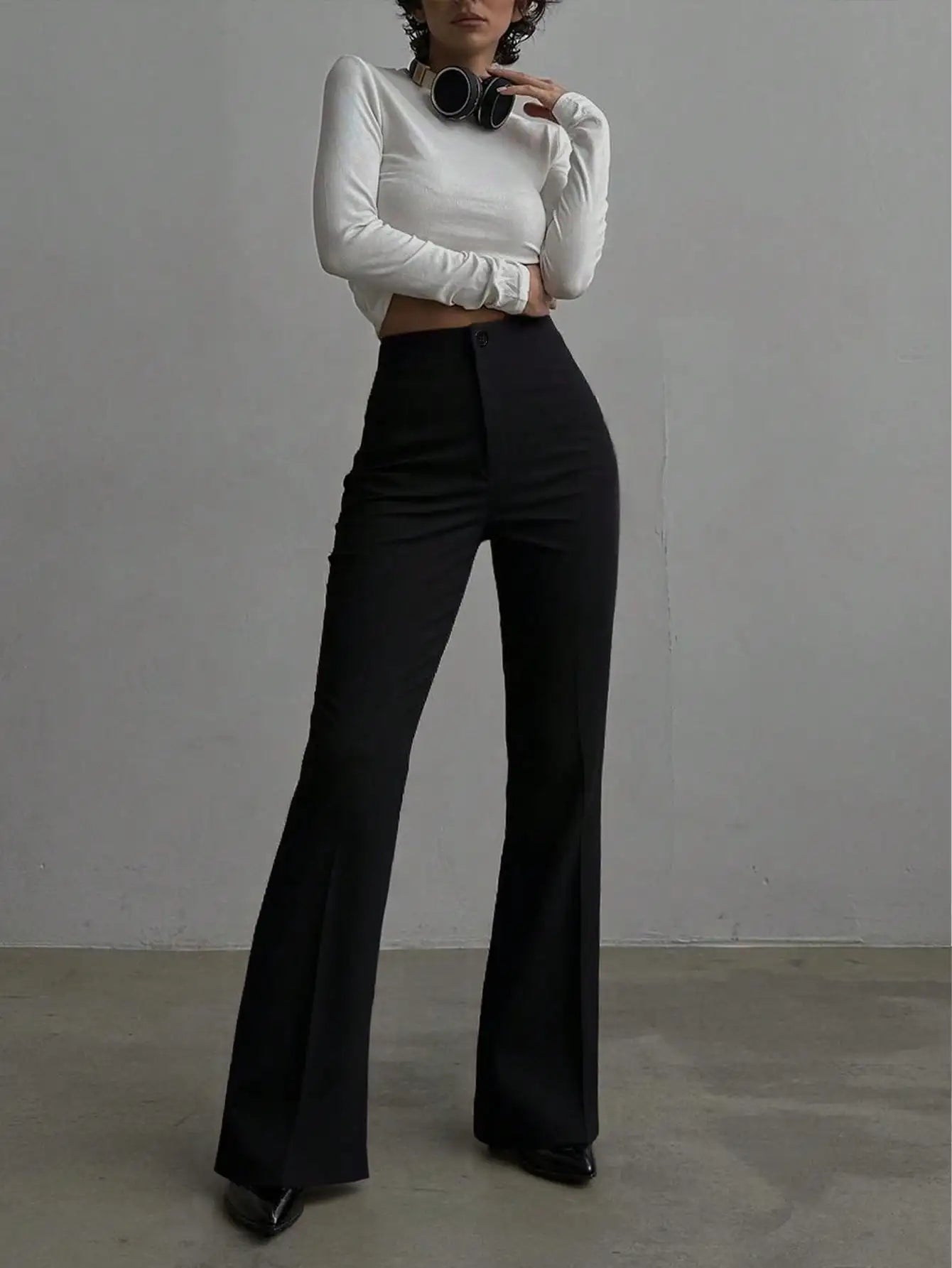 Ladies' solid color black casual elegant commuting high waisted straight leg pants suitable for daily outings office commuting