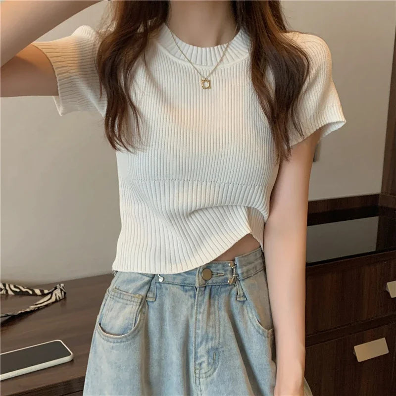 Spring Summer Casual Short Sleeve Crop Tops Knitted T-Shirt Wom...