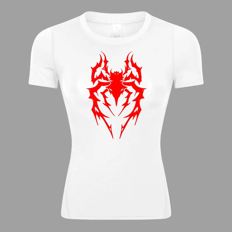 Spider Print Short Sleeve Compression Shirt for Women Athletic Running Workout Yoga T-Shirt Tees Baselayer Tops Gym Sports Gear