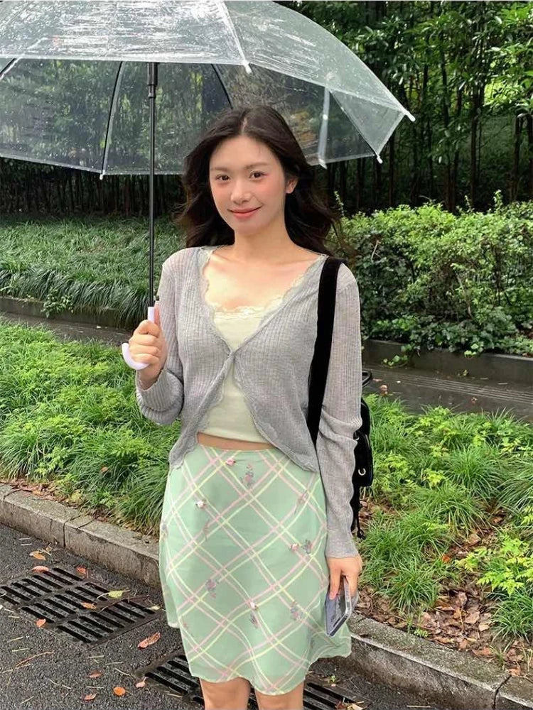 Deeptown Sweet Elegant Floral Skirt Women Korean Style Vintage Green Plaid Skirts Y2k Harajuku Summer Fashion Mesh Mid Skirts