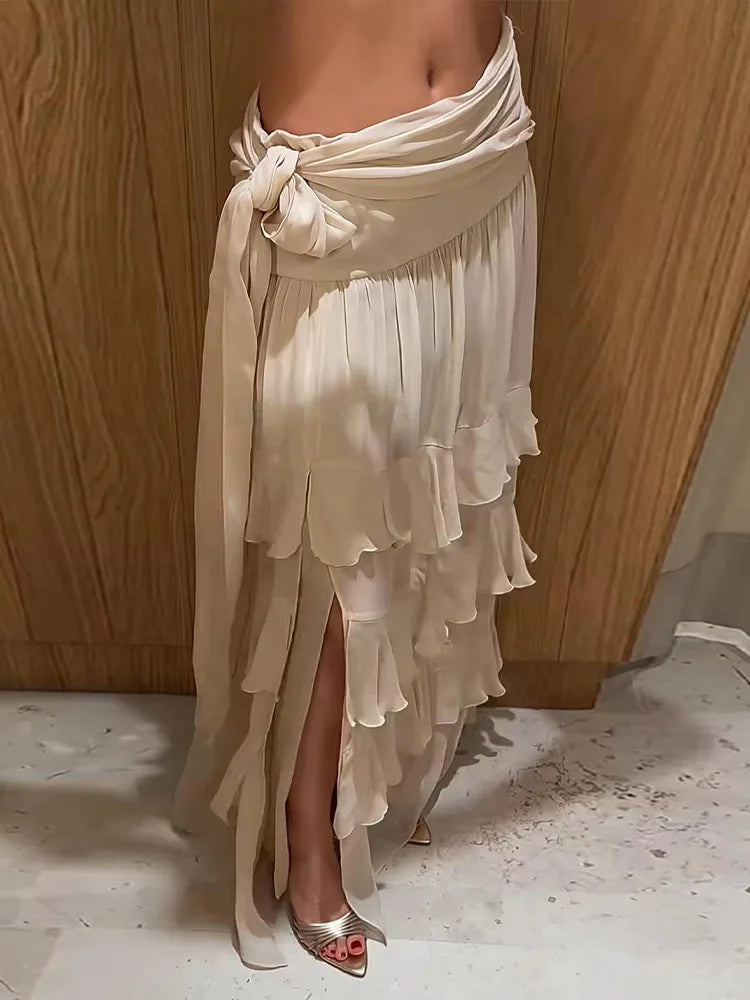 Solid Waist Tie Ruffle Tiered Maxi Skirt Flowy Chiffon Layered High-Waist Long Skirts 2026 Summer Casual Fashion Beach Outfit