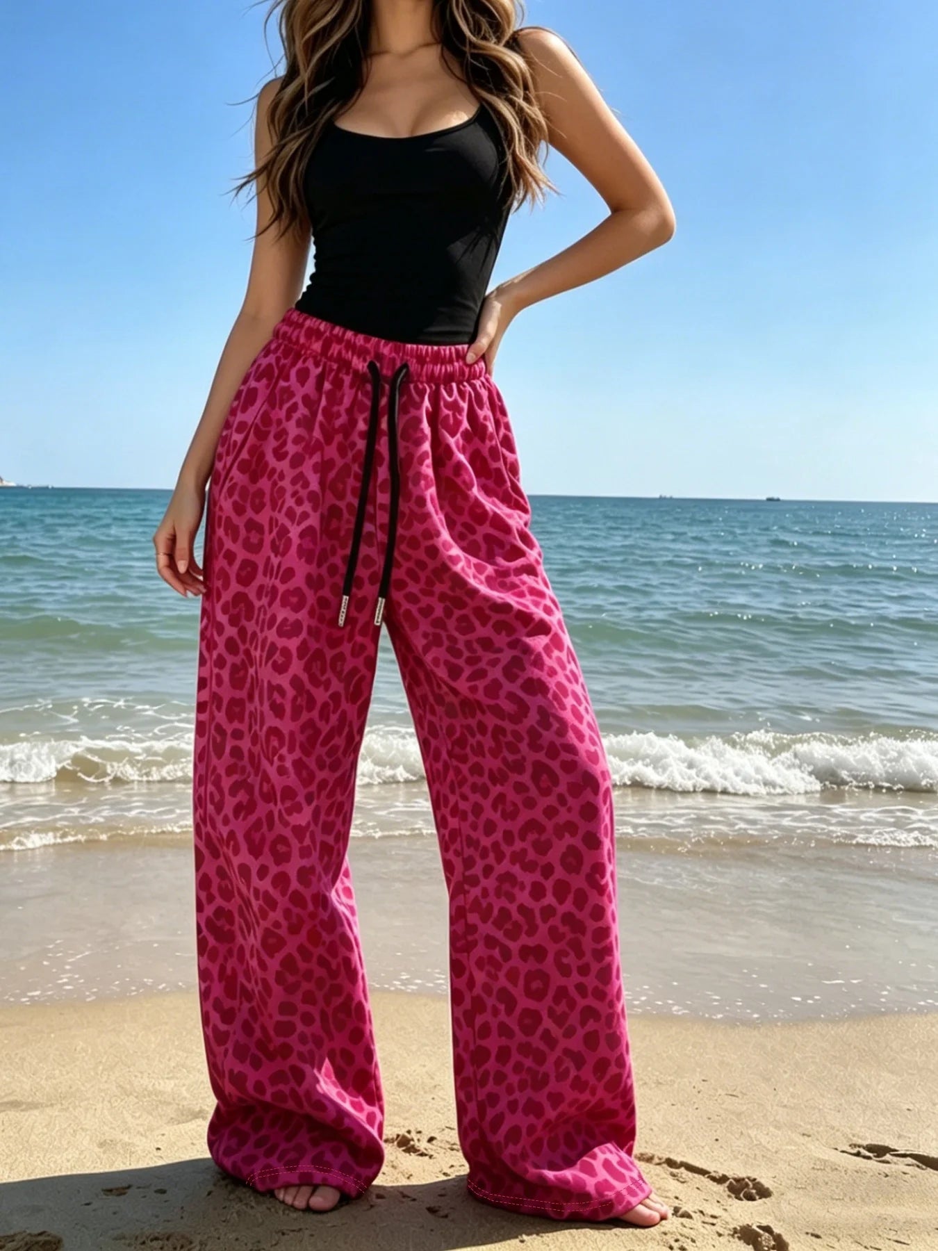 Women's fashionable classic leopard print casual versatile loose wide leg pants