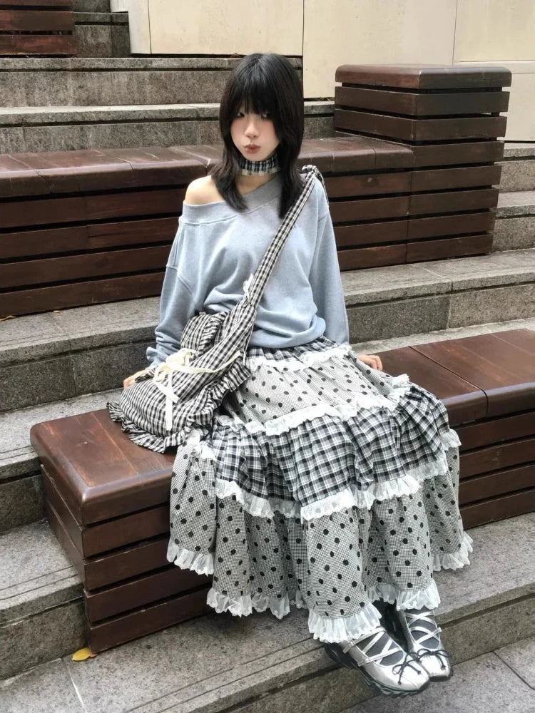 Japanese Elegant Retro Plaid Wave Point Skirts Women Lace Patchwork Ruffles A-line Skirts Harajuku Design Korean Popular Clothes