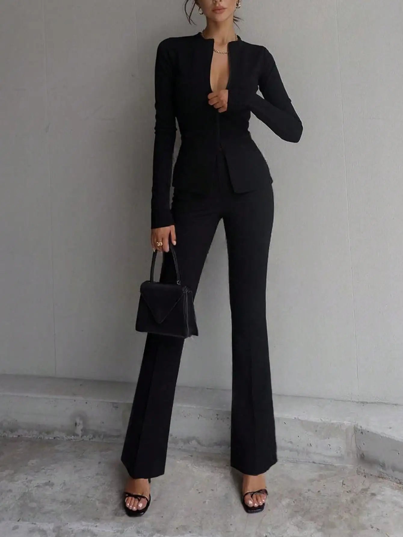Ladies' solid color black casual elegant commuting high waisted straight leg pants suitable for daily outings office commuting