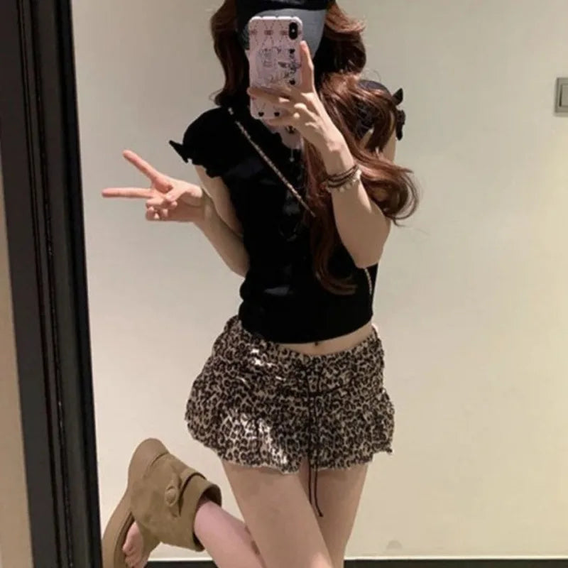 2025 Fall Leopard Print Mini Skirt Retro American Style Drawstring Waist A Line Skirt for Women