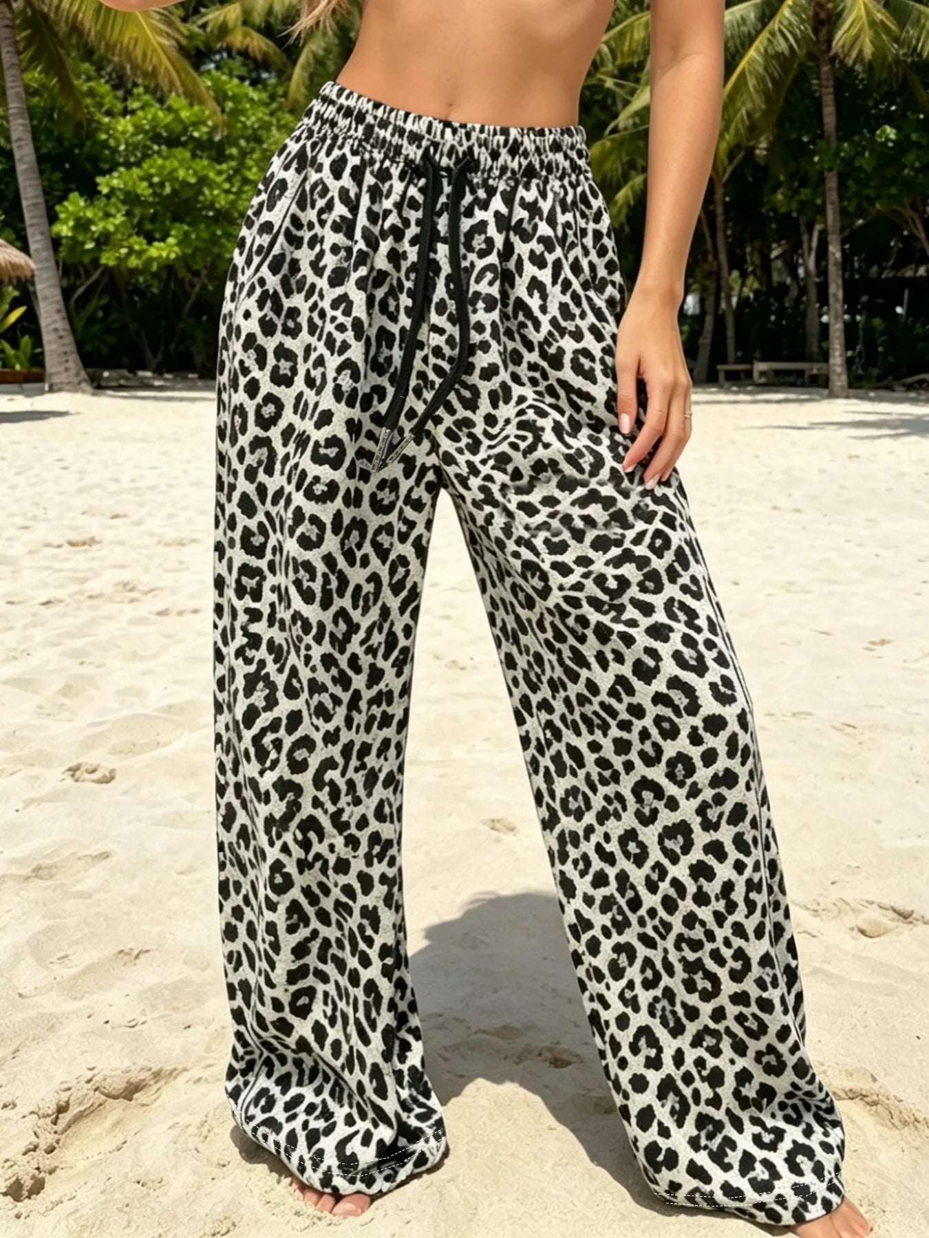 Women's fashionable classic leopard print casual versatile loose wide leg pants