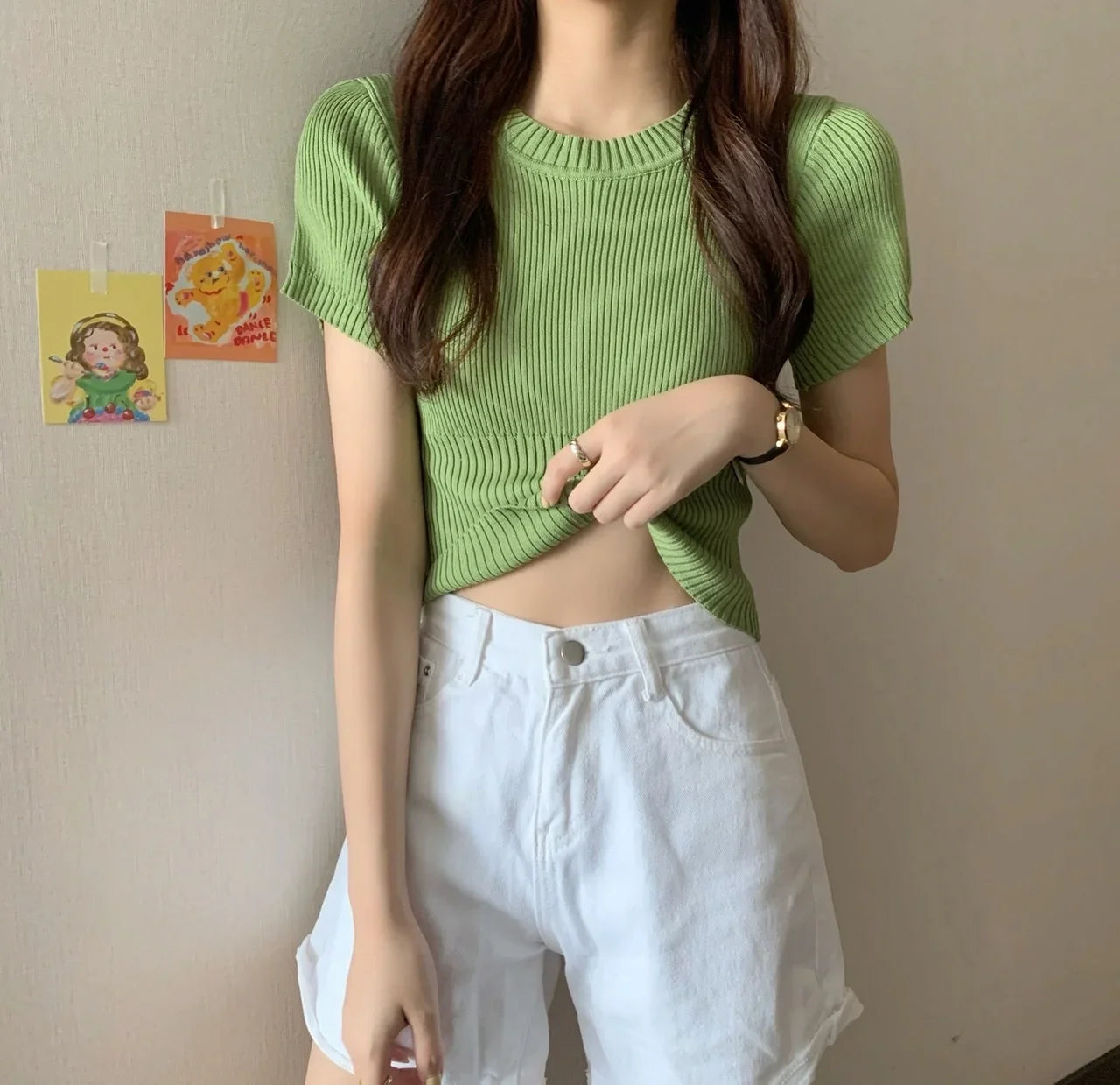 Spring Summer Casual Short Sleeve Crop Tops Knitted T-Shirt Women Pullover Shirts Tops Female Elastic Slim Knit Tee T-Shirts