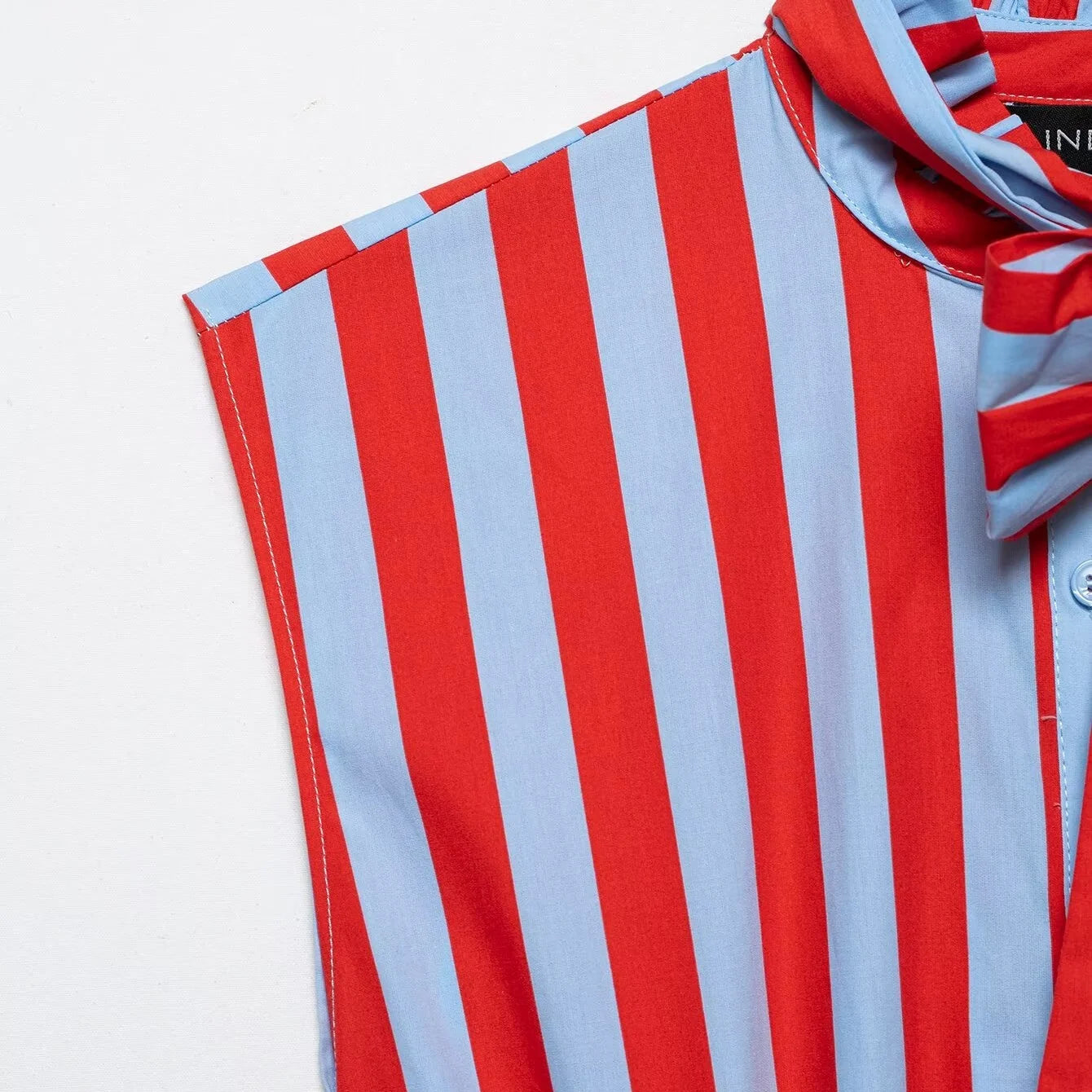 Striped Bow Blouse Women Sleeveless Peplum Tops Elegant High Neck Ruffle Shirt Vintage Chic Slim Waist Summer Blusas