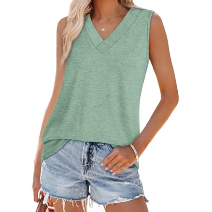 WIHOLL Tank Tops for Women Summer V Neck T Shirts Trendy Sleeveless Basic Tees Fashion Clothing