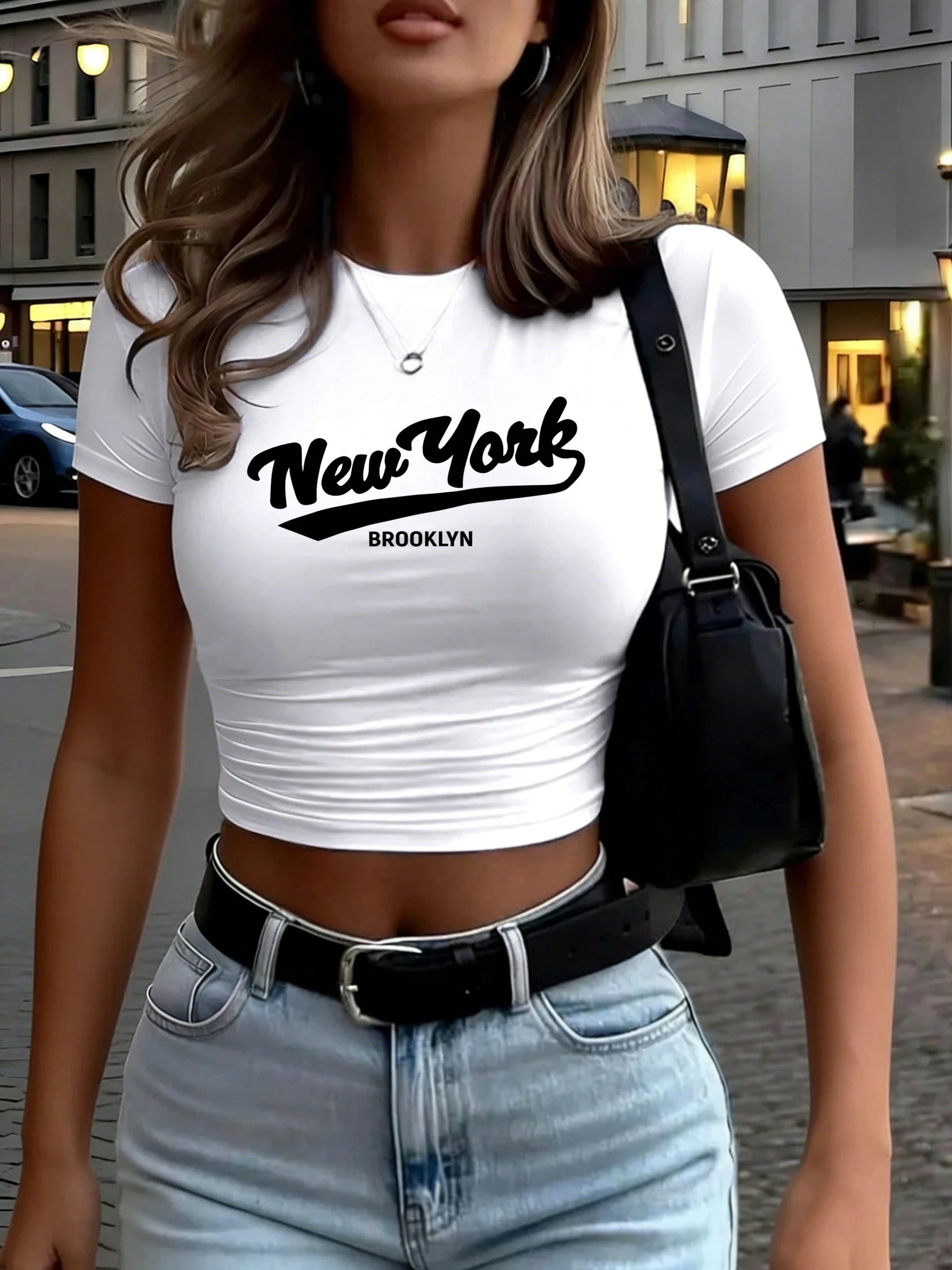 New York Brooklyn Art Letter Design Women Crop T-Shirt Casual Crewneck Tee Shirts Summer Breathable T Shirt Slim Yoga Top