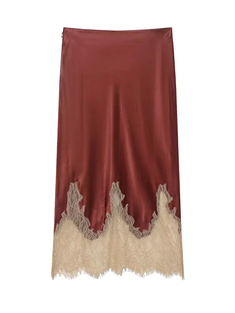 HH Women Elegant Fashion Patchwork Lace Hem Skirt Side Zipper High Waist Slim Midi Skirts 2026 Spring Summer Trend Lady Skirt