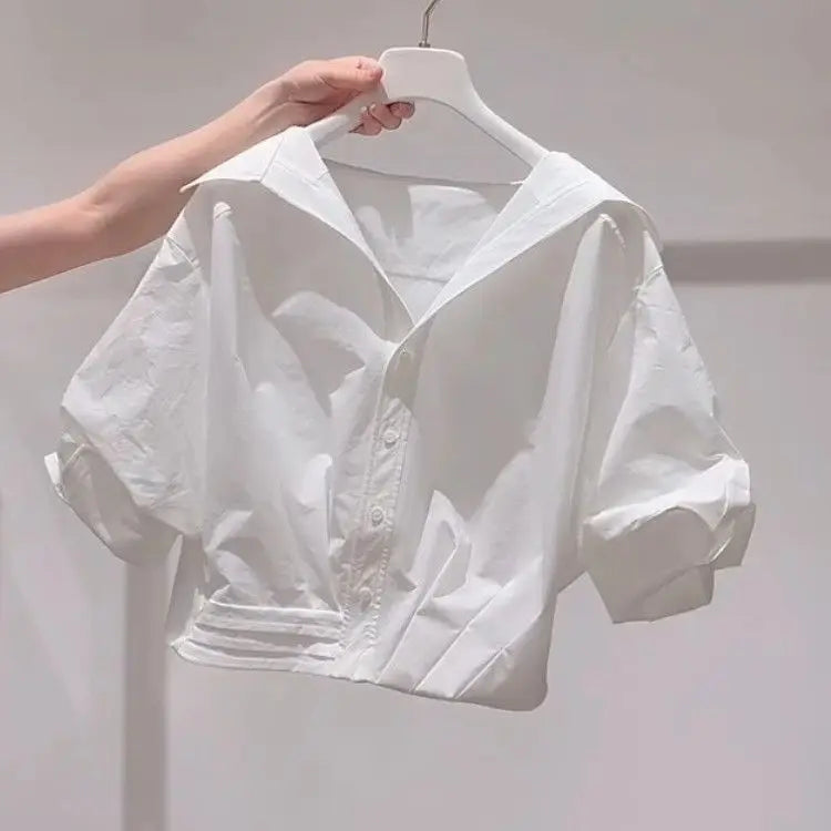 Fanan 2026 Summer New Lapel Bubble Sleeve Shirt Women Loose Fit Cropped Top Female Blouse Shirt