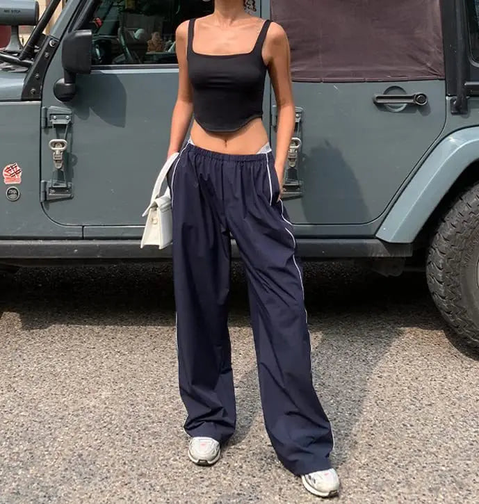 Y2K Women Vintage Baggy Cargo Pants For Women Drawstring Elastic Low Waist Pants Harajuku Hip Hop Straight Wide Leg Sweatpants