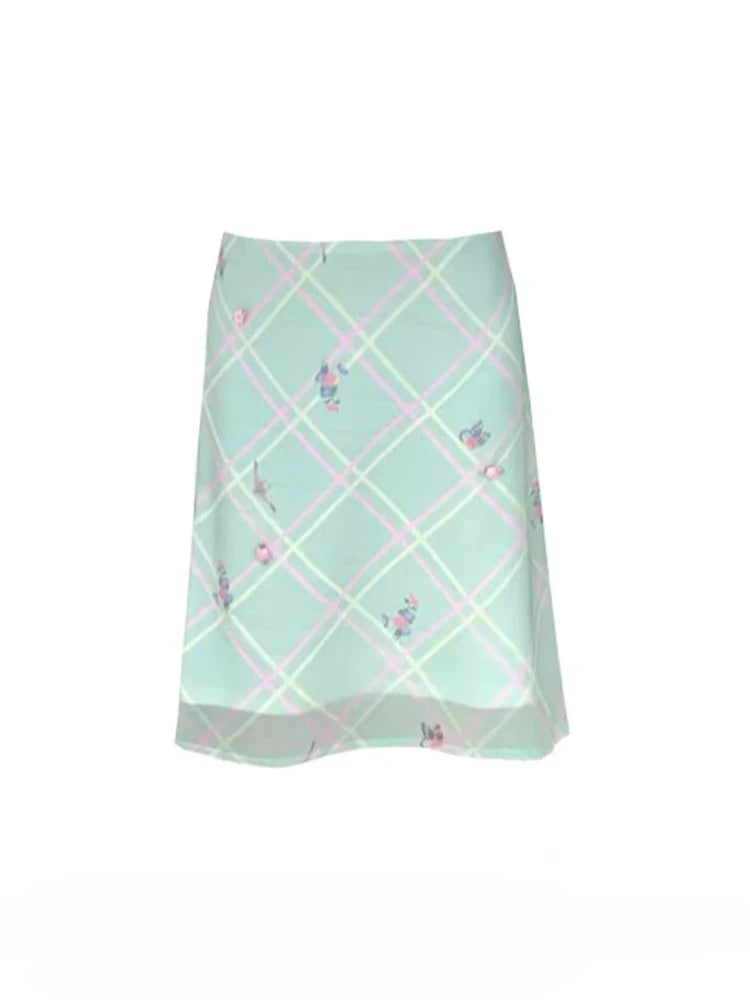 Deeptown Sweet Elegant Floral Skirt Women Korean Style Vintage Green Plaid Skirts Y2k Harajuku Summer Fashion Mesh Mid Skirts