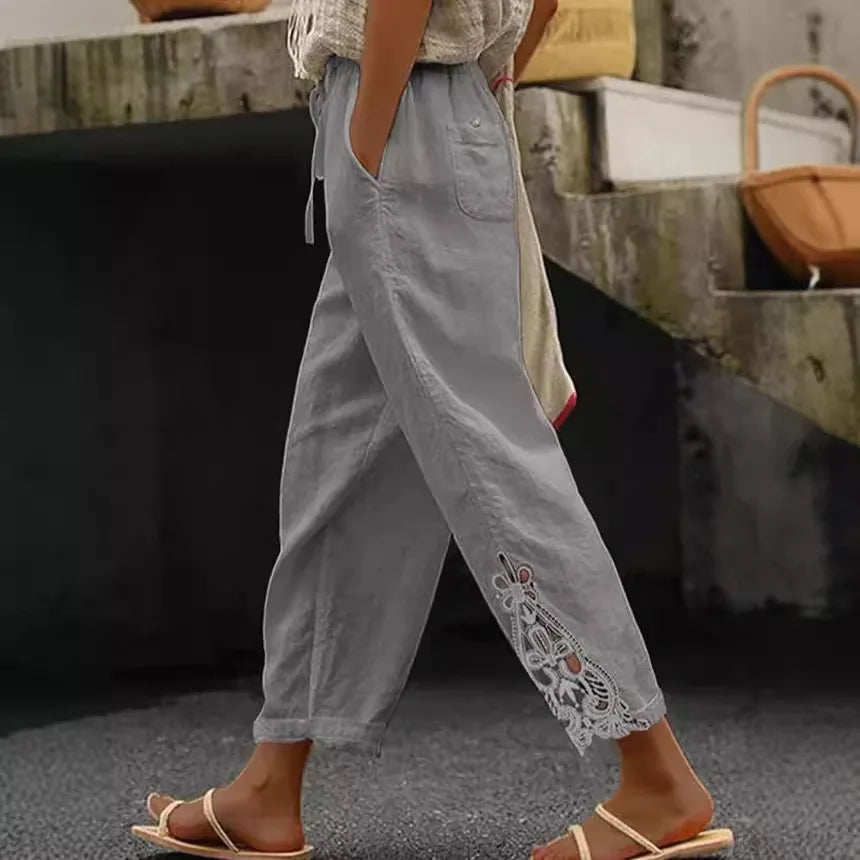 Summer Women's Pants With Fashionable Lace Patchwork Design High Waisted Drawstring Pocket Nail Buckle Cropped Pants