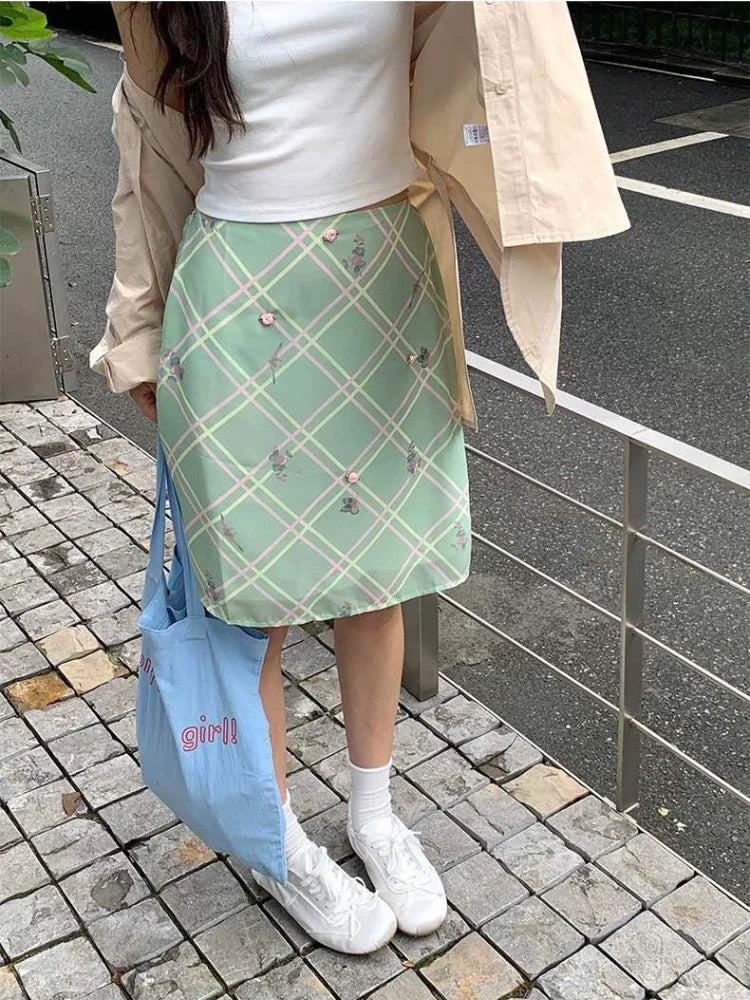 Deeptown Sweet Elegant Floral Skirt Women Korean Style Vintage Green Plaid Skirts Y2k Harajuku Summer Fashion Mesh Mid Skirts