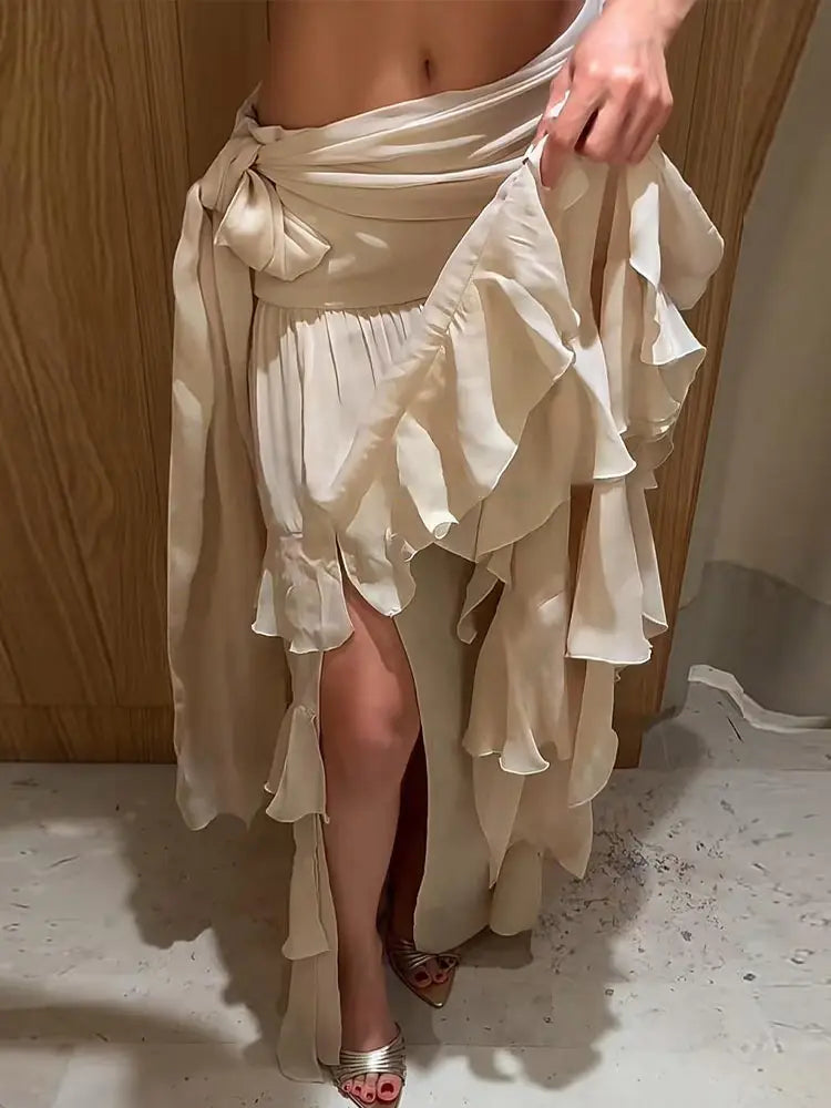 Solid Waist Tie Ruffle Tiered Maxi Skirt Flowy Chiffon Layered High-Waist Long Skirts 2026 Summer Casual Fashion Beach Outfit