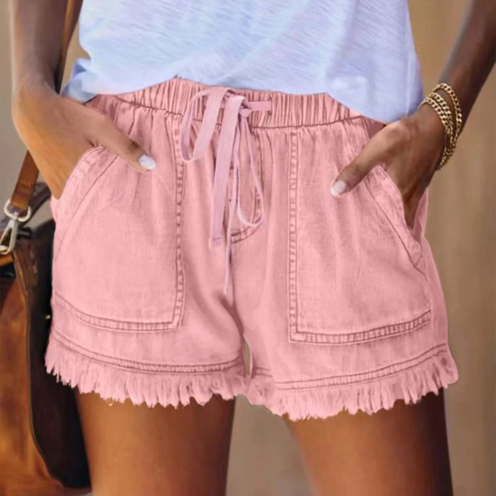 Ladies' Washed Solid Color Slimming Tassel Edge Denim Shorts Fashion Sexy Elastic Waist Leisure Pockets Summer Short Trousers