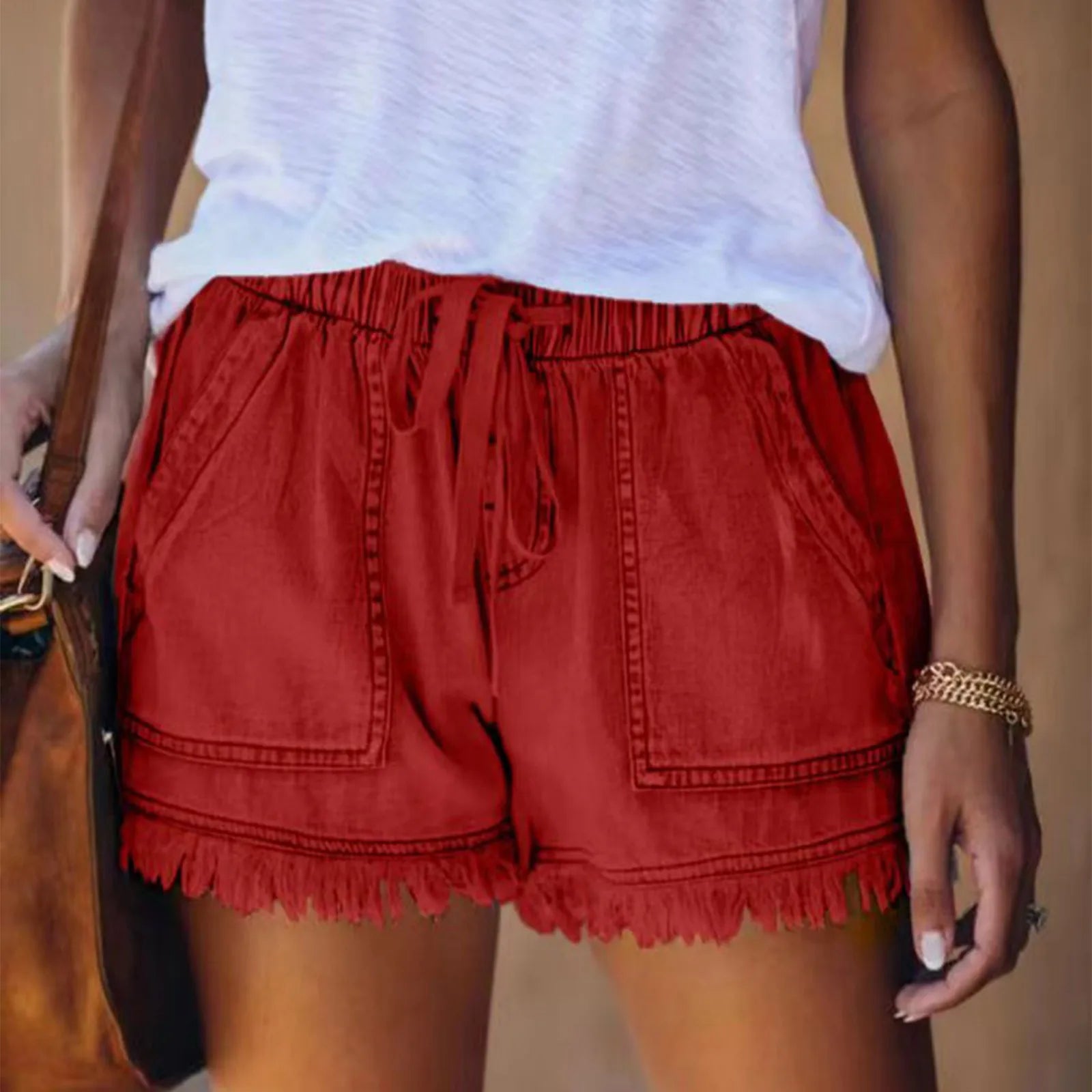 Ladies' Washed Solid Color Slimming Tassel Edge Denim Shorts Fashion Sexy Elastic Waist Leisure Pockets Summer Short Trousers