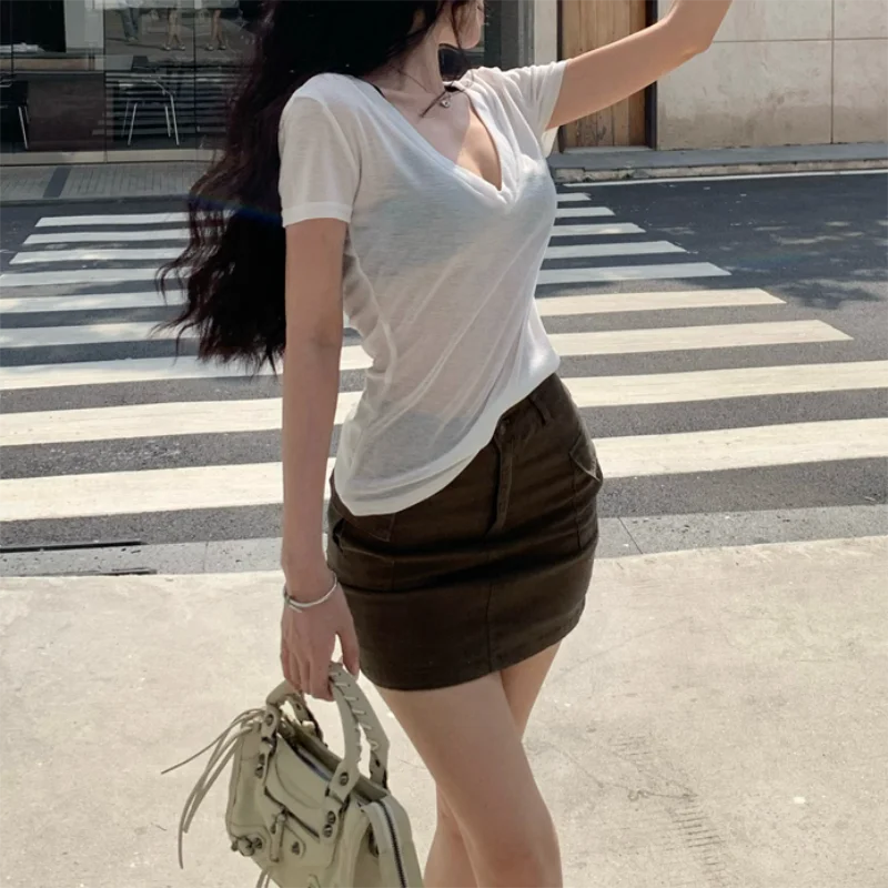 Women Short Sleeves T Shirt See Through Summer Solid Slim Casual Shirts Female Pullovers Basic Tee Y2k Clothes Streetwear Top