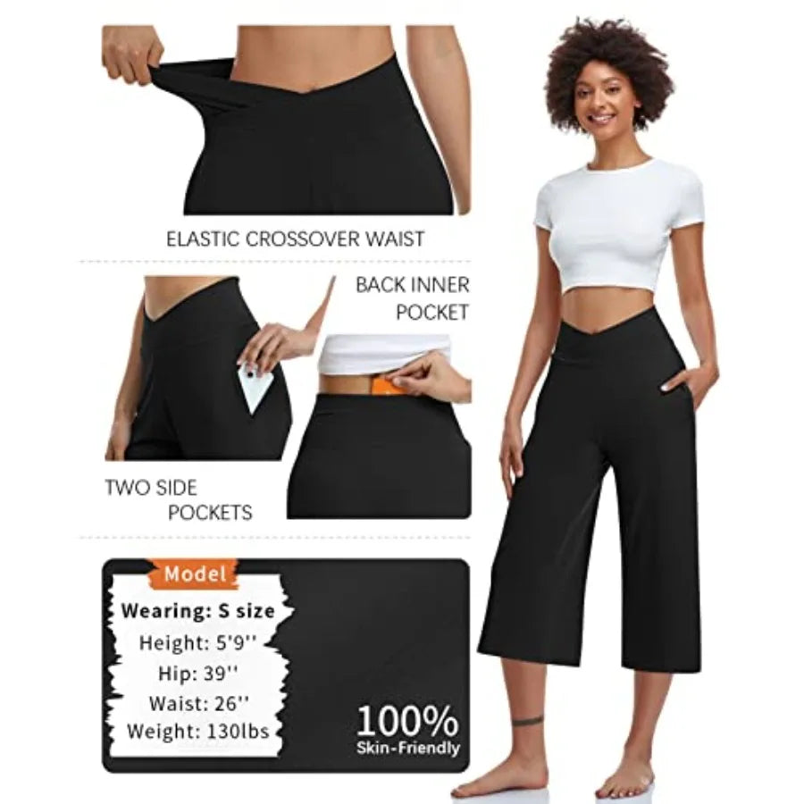 TARSE Womens Casual Wide Leg Yoga Capris Crossover High Waist Capri Pants Loose Soft Pajama Pockets Sweatpants
