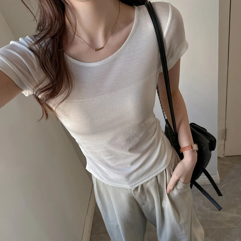 Fanan Summer Basic Round Neck Tshirts Women Solid Color Slim Fit Short Sleeve T Shirt Woman Waist Drawstring Design Tees Female