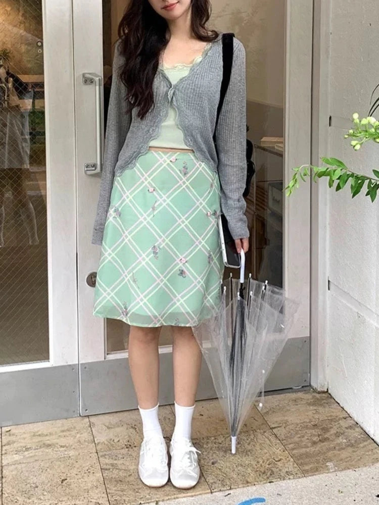 Deeptown Sweet Elegant Floral Skirt Women Korean Style Vintage Green Plaid Skirts Y2k Harajuku Summer Fashion Mesh Mid Skirts