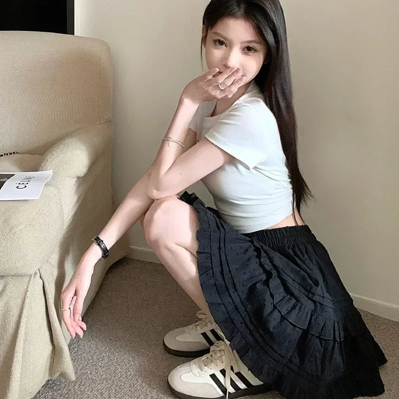 French casual style women's black mini skirt, high waist ruffle skirt, fashionable white women's skirtkv