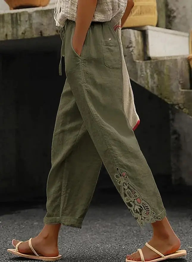Summer Women's Pants With Fashionable Lace Patchwork Design High Waisted Drawstring Pocket Nail Buckle Cropped Pants
