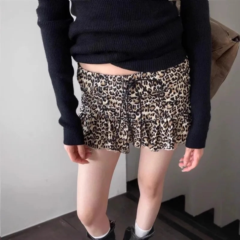 2025 Fall Leopard Print Mini Skirt Retro American Style Drawstring Waist A Line Skirt for Women