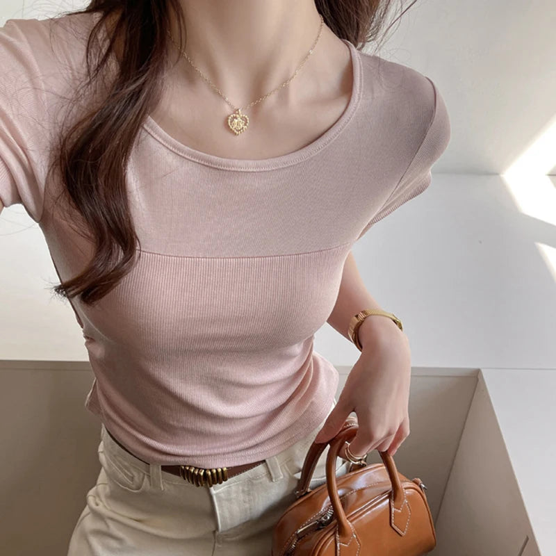 Fanan Summer Basic Round Neck Tshirts Women Solid Color Slim Fit Short Sleeve T Shirt Woman Waist Drawstring Design Tees Female