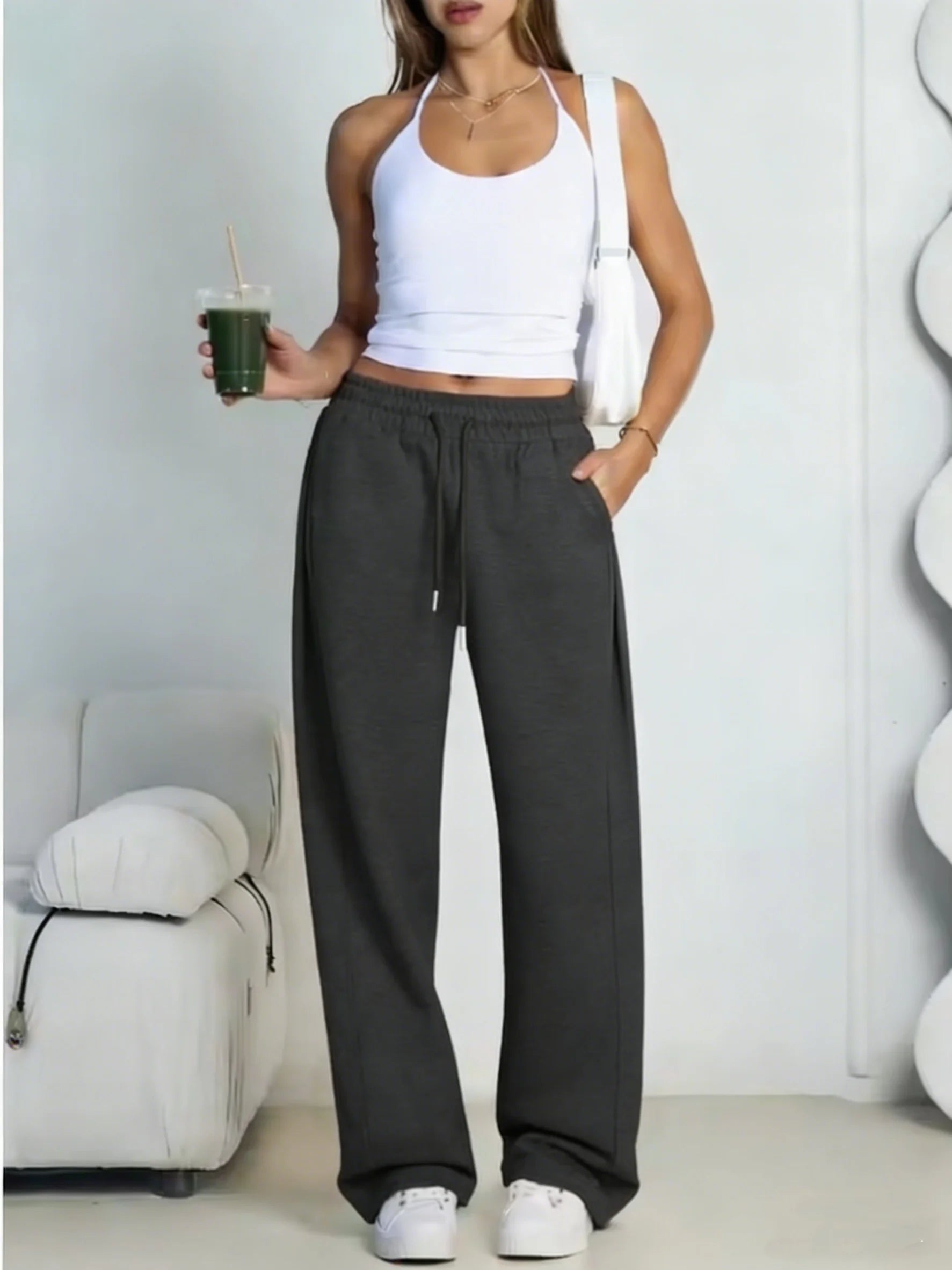 2026 New Harajuku Wide Leg Sweatpants Women Streetwear Baggy Oversize Gray Sports Pants Woman Drawstring Casual Joggers Trousers