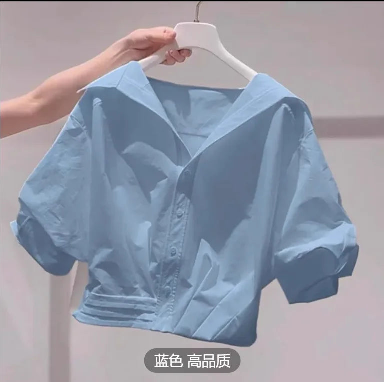 Fanan 2026 Summer New Lapel Bubble Sleeve Shirt Women Loose Fit Cropped Top Female Blouse Shirt