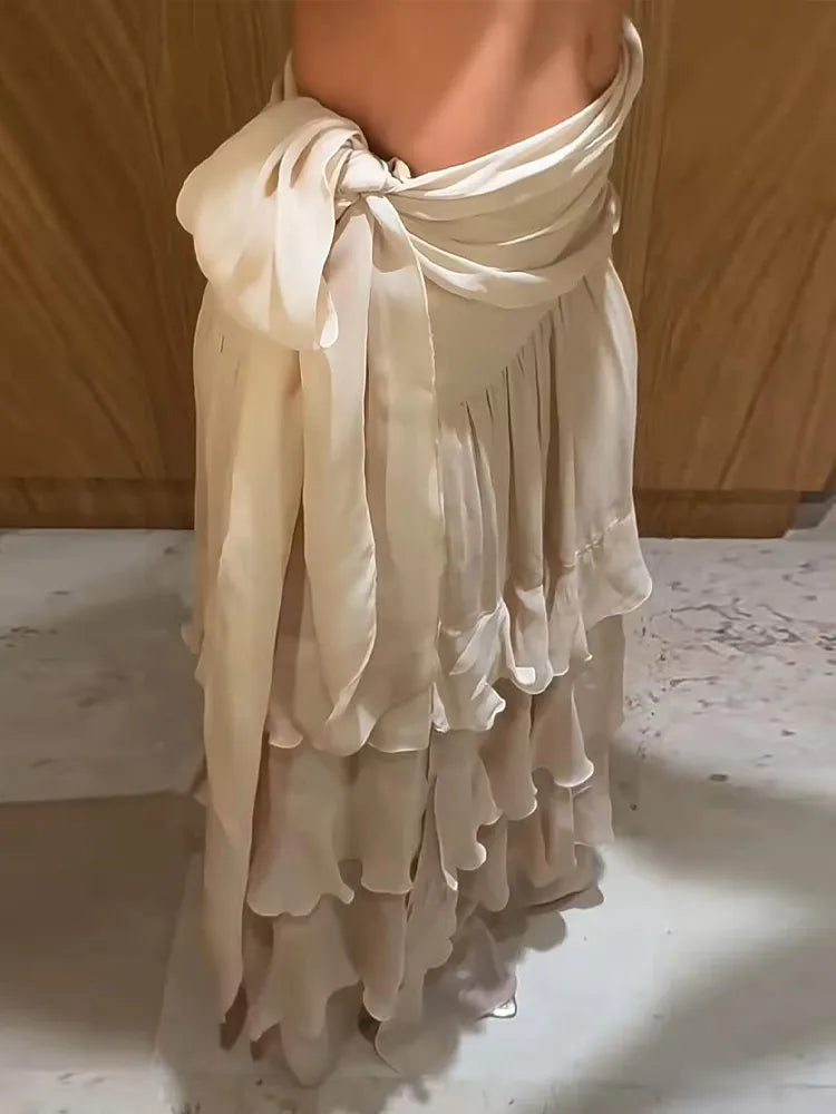 Solid Waist Tie Ruffle Tiered Maxi Skirt Flowy Chiffon Layered High-Waist Long Skirts 2026 Summer Casual Fashion Beach Outfit