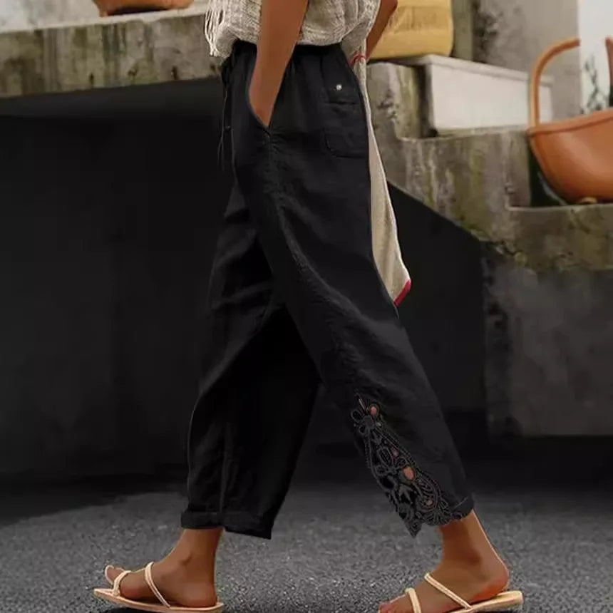 Summer Women's Pants With Fashionable Lace Patchwork Design High Waisted Drawstring Pocket Nail Buckle Cropped Pants