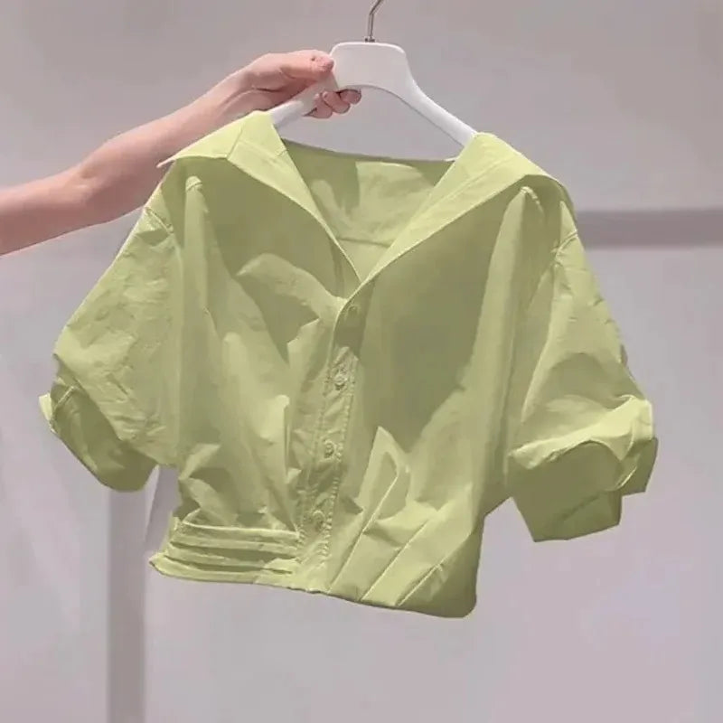Fanan 2026 Summer New Lapel Bubble Sleeve Shirt Women Loose Fit Cropped Top Female Blouse Shirt