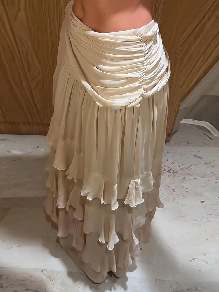 Solid Waist Tie Ruffle Tiered Maxi Skirt Flowy Chiffon Layered High-Waist Long Skirts 2026 Summer Casual Fashion Beach Outfit