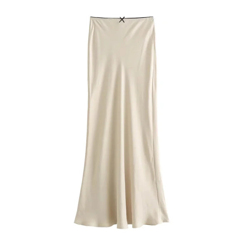 Women's Long Satin Skirts Vintage Chic Spring Fashion High Waist Line H Texture with Decorative Knot New Arrivals