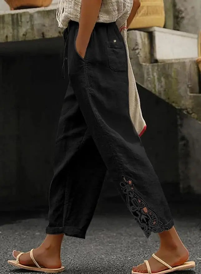 Summer Women's Pants With Fashionable Lace Patchwork Design High Waisted Drawstring Pocket Nail Buckle Cropped Pants