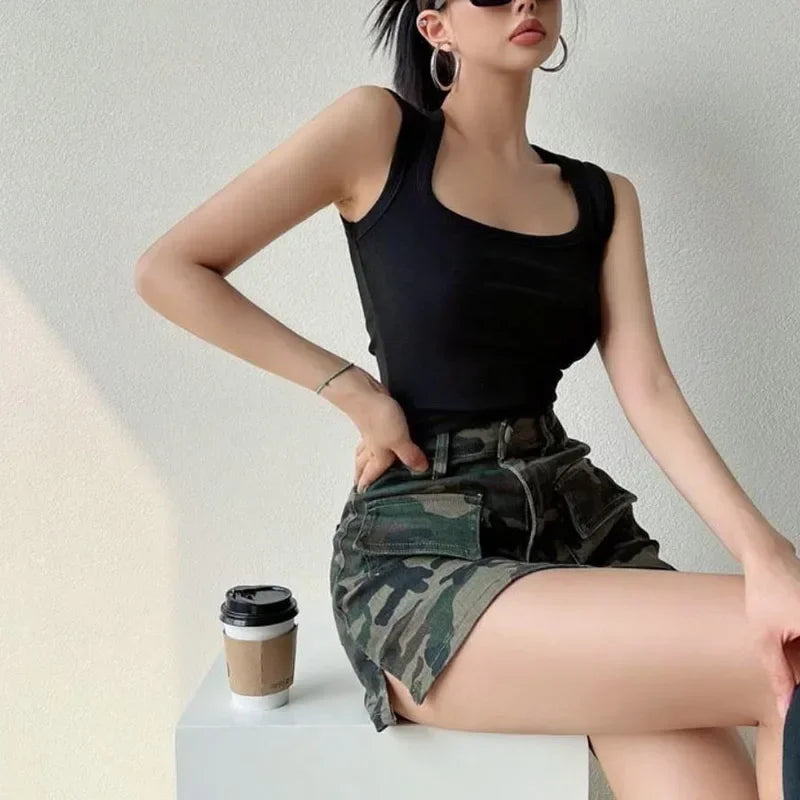 High Street Split Denim Skirt Woman 2025 Summer with Pockets Camouflage Cargo Skirt Women American Retro High Waist Mini Skirts