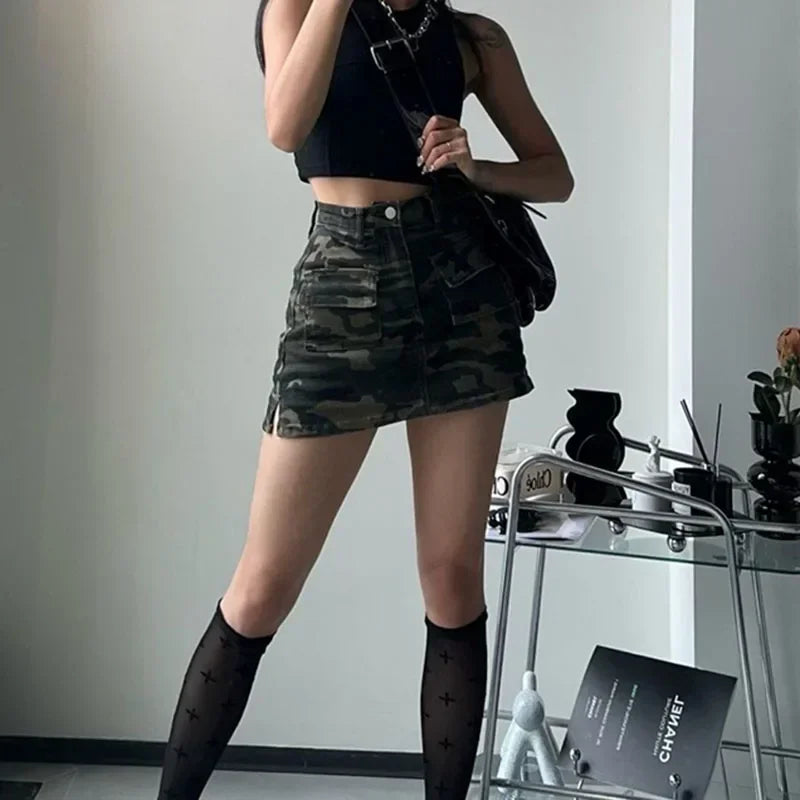 High Street Split Denim Skirt Woman 2025 Summer with Pockets Camouflage Cargo Skirt Women American Retro High Waist Mini Skirts