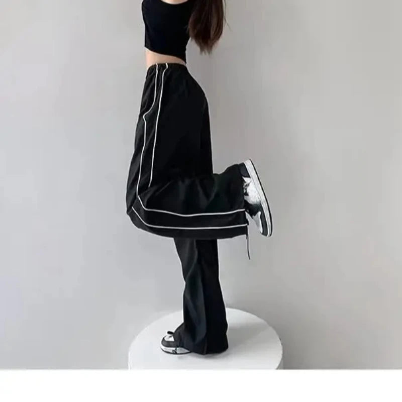 Y2K Women Vintage Baggy Cargo Pants For Women Drawstring Elastic Low Waist Pants Harajuku Hip Hop Straight Wide Leg Sweatpants