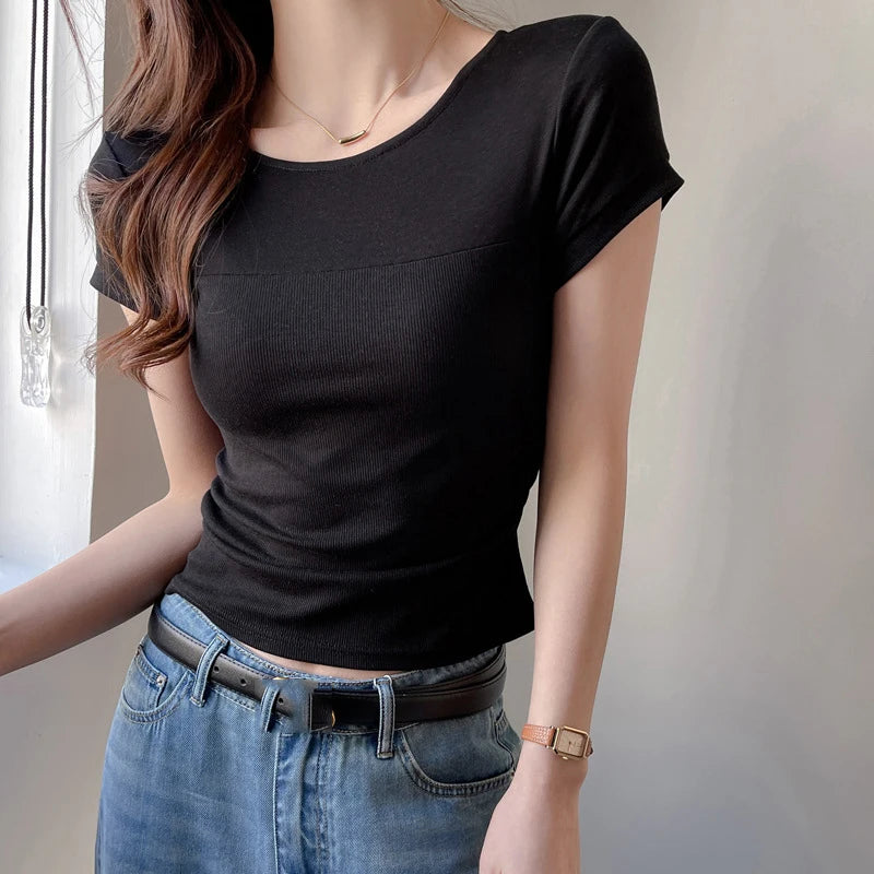 Fanan Summer Basic Round Neck Tshirts Women Solid Color Slim Fit Short Sleeve T Shirt Woman Waist Drawstring Design Tees Female