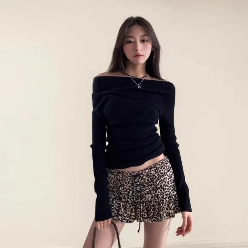 2025 Fall Leopard Print Mini Skirt Retro American Style Drawstring Waist A Line Skirt for Women