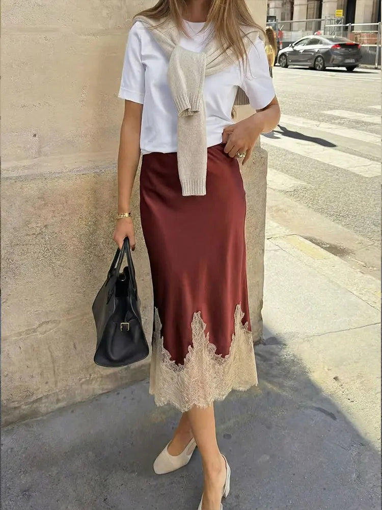 HH Women Elegant Fashion Patchwork Lace Hem Skirt Side Zipper High Waist Slim Midi Skirts 2026 Spring Summer Trend Lady Skirt