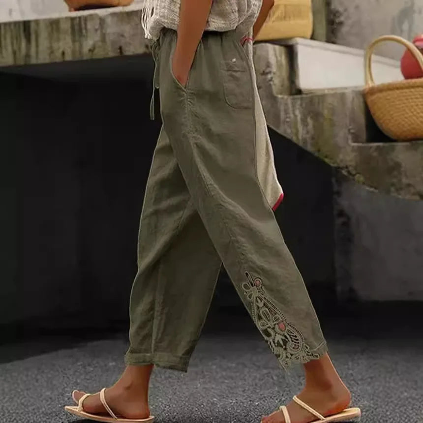 Summer Women's Pants With Fashionable Lace Patchwork Design High Waisted Drawstring Pocket Nail Buckle Cropped Pants