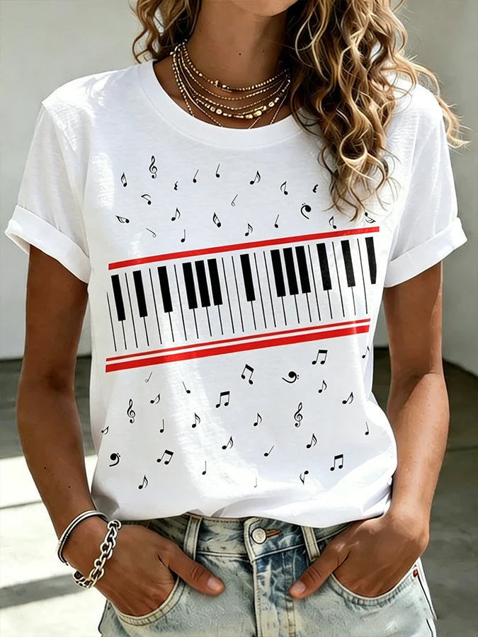 Ilstile Women's   Piano  Music Notes Print T-Shirts Summer Short Sleeve Casual Round Neck Tops  Retro Fan Favorite Tees NEW