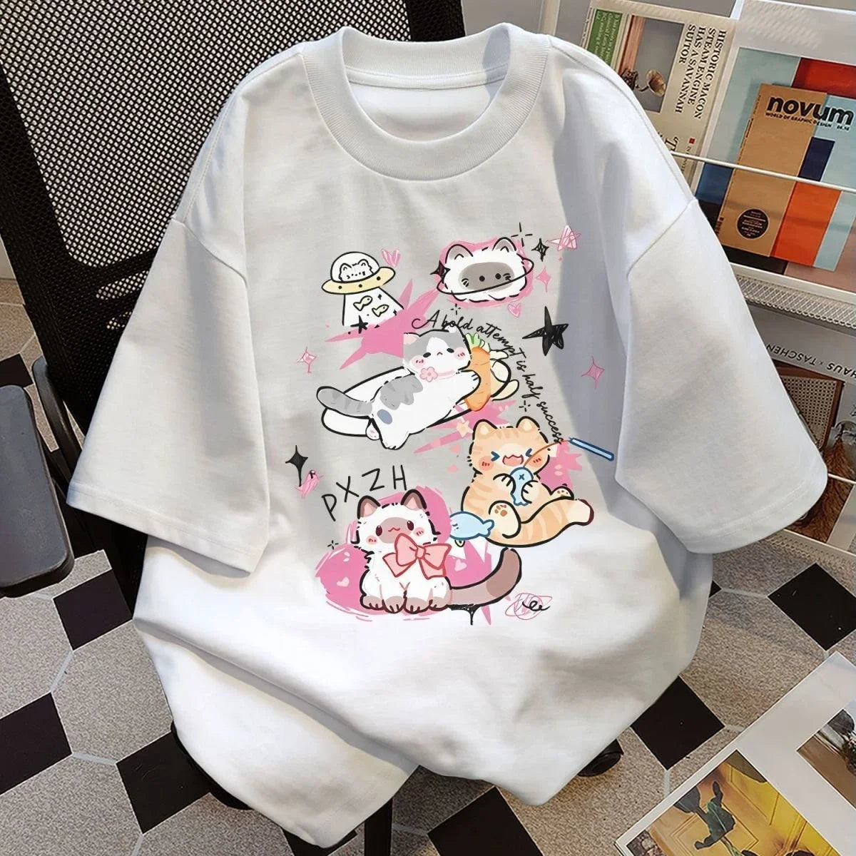 Summer's New Cute Cat Round-neck Short-sleeved Versatile Couple...